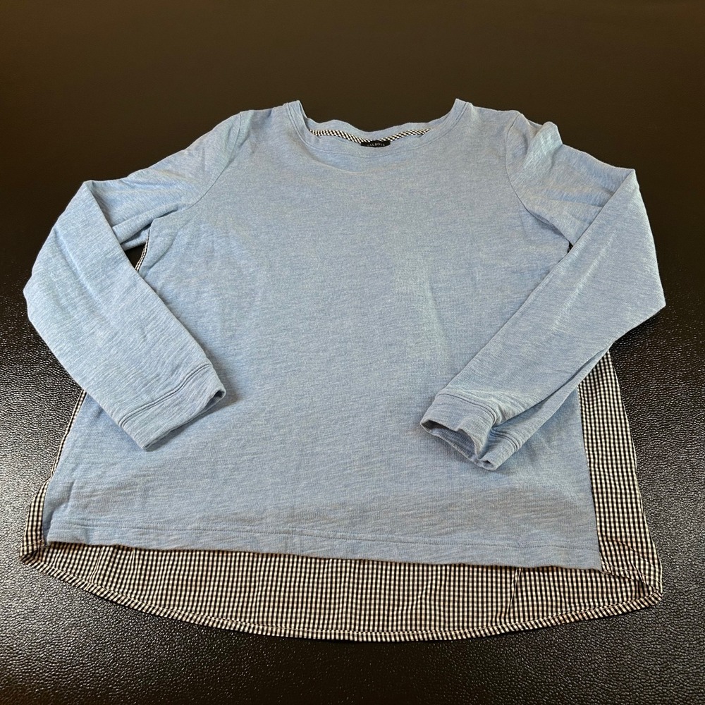 Talbots Knit Top Blouse Gingham Plaid Long Sleeve Casual Blue Womens Medium